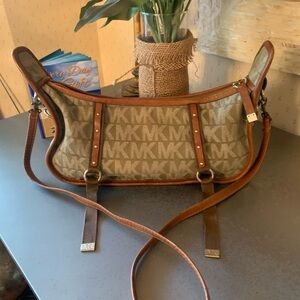 MICHAEL KORS, OLIVE GREEN signature fabric with SADDLE BROWN trim shoulder bag.